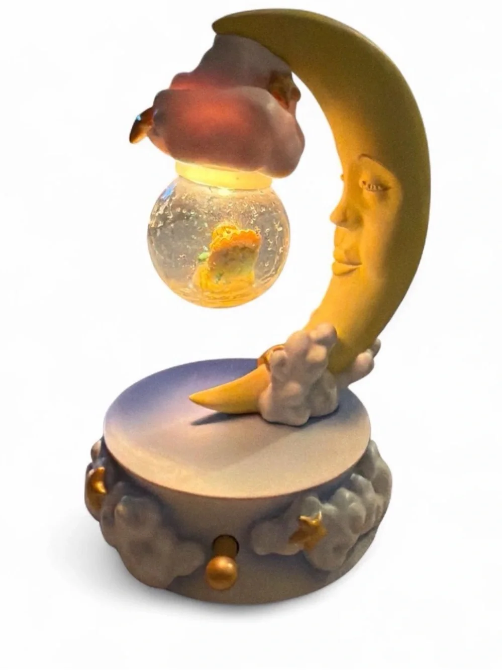 Vintage Lefton Celestial Crescent Moon Face Night Light Lighted Snow Globe Lamp